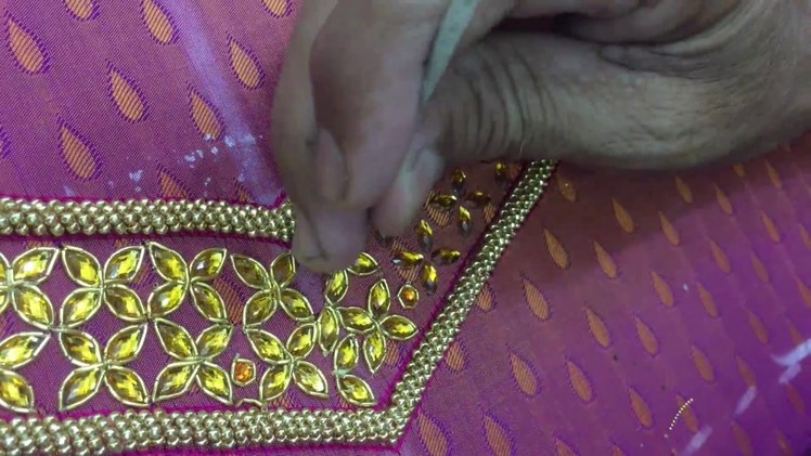 Making of Beads and kundan work on pattu blouse - hand embroidery