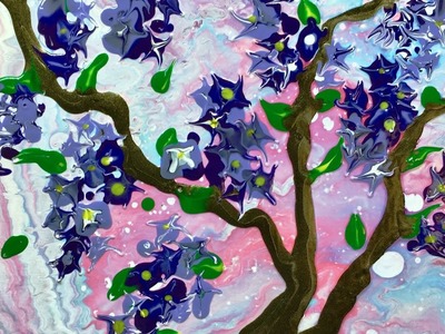 Abstract Lilac Flowers Easy Poured Fluid Acrylic Painting Step by Step Technique