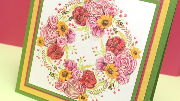 Colored Pencil Floral Wreath Card