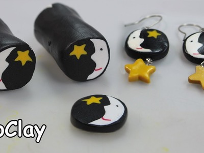 DIY Moon face and star cane - Polymer clay earrings