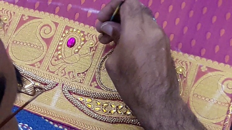 Highlighting Kanchi pattu border with jardosi and stones - Hand embroidery making