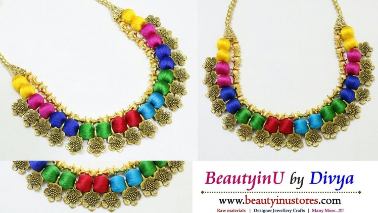 Making of Multicolor Silk Thread Necklace Using Antique Flowers and Gold Beads. Fancy Necklace