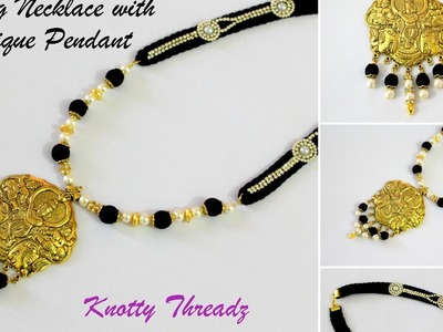 Silk Thread Jewelry | Long Necklace with Beautiful Krishna Antique Pendant | Black | Knotty Threadz