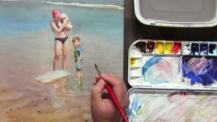 Watercolor Painting of Mother and Children Beach Scene, part 3