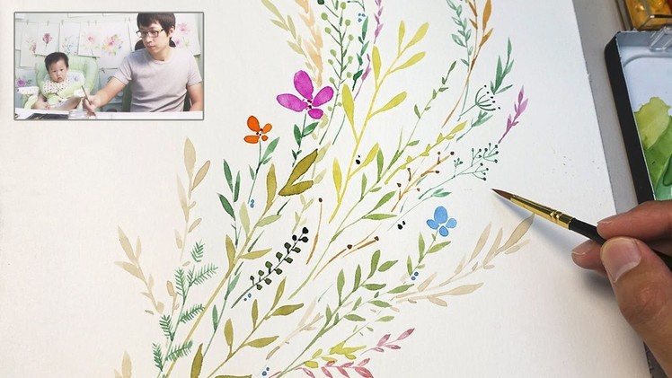 DIY Watercolor Painting | floral, branches and leaves