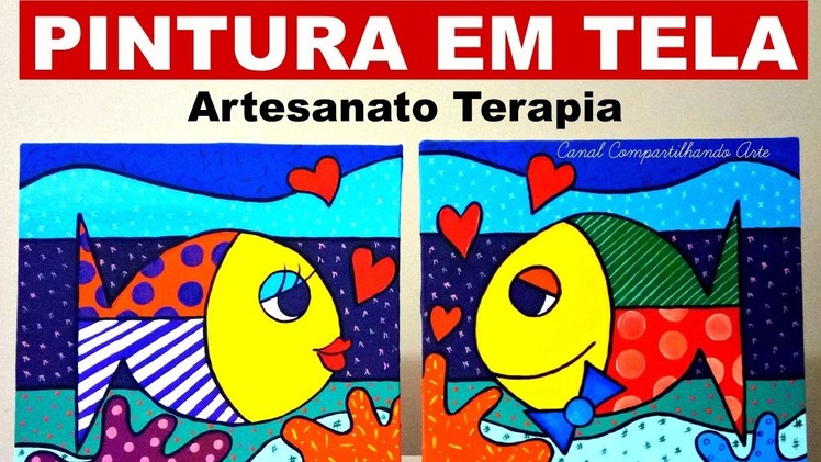 Pintura em Tela Estilo Romero Britto  - Fishes in Love Acrylic painting on Canvas for Beginners
