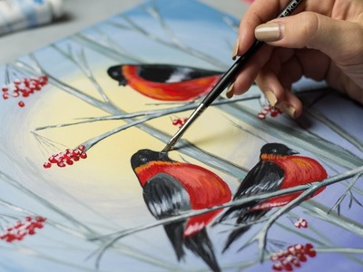 Bullfinches in winter forest - Acrylic painting. Homemade Illustration