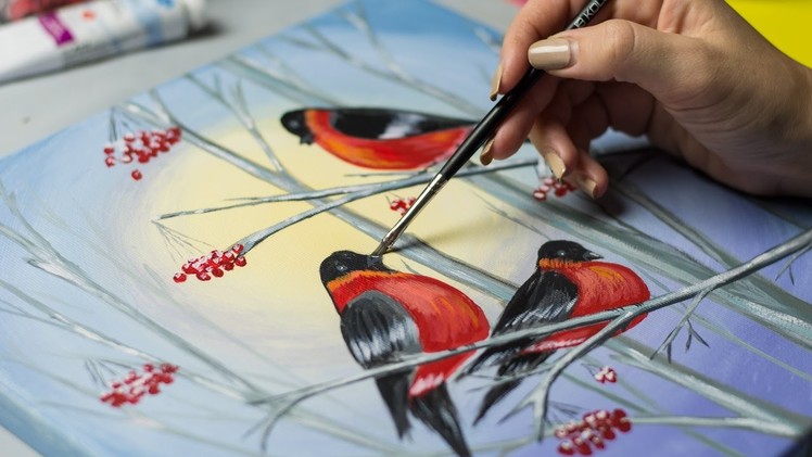 Bullfinches in winter forest - Acrylic painting. Homemade Illustration