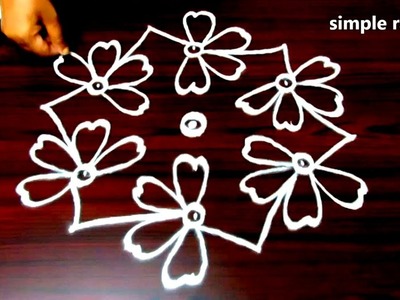 Creative flower rangoli designs, muggulu designs with 7x4 dots, Very simple kolam designs
