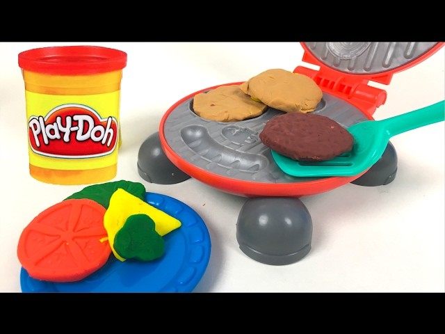 PLAYDOH BURGER BARBECUE BURGER PARTY SET WITH GRILL HOTDOG HAMBURGERS BUNS AND CONDIMENTS - UNBOXING