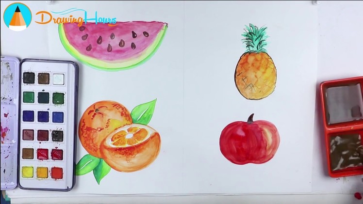 How to Draw Watercolor Fruits, Coloring Pages for Kids | By DrawingHours