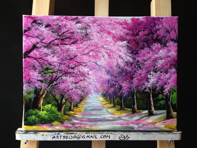 Beautiful Cherry Blossoms Road Acrylic Painting (canvas size: 12 x 16")