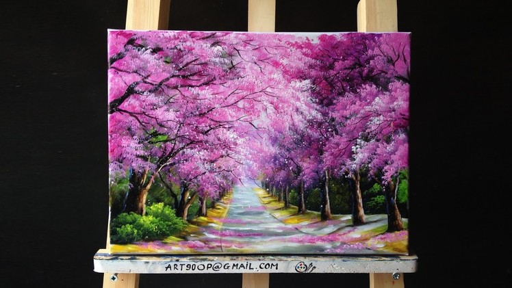 Beautiful Cherry Blossoms Road Acrylic Painting (canvas size: 12 x 16")