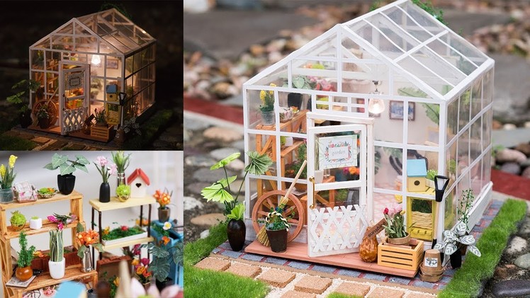 DIY Dollhouse Kit - Miniature Greenhouse - Cathy's Flower House with LED light