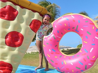 GIANT DONUT VS GIANT PIZZA! Pool Party Toy Challenge - Shopkins Surprise Eggs - Toy Opening