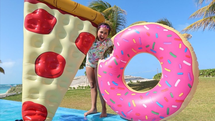 GIANT DONUT VS GIANT PIZZA! Pool Party Toy Challenge - Shopkins Surprise Eggs - Toy Opening