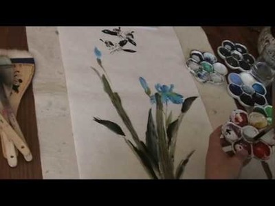 Painting Blue Butterfly Iris with Hake and Trimmed Brushes Watercolor Painting Demo