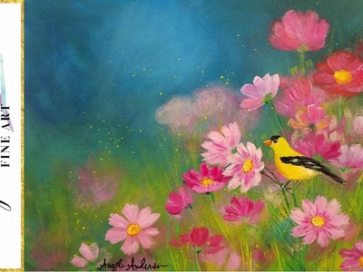 Simple Step by Step Landscape Acrylic Painting FIELD of FLOWERS with Bird LIVE Tutorial