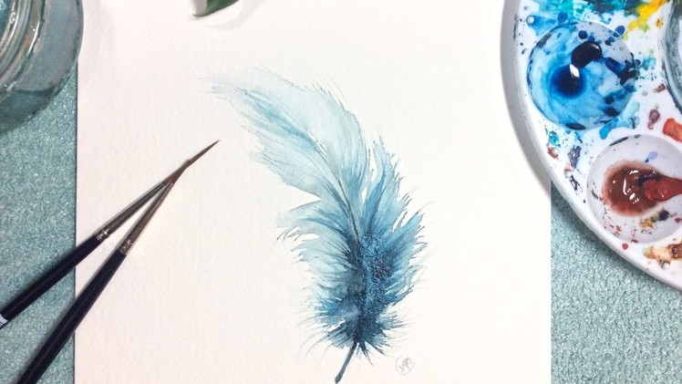 Watercolor Blue Feather Real Time Painting Demonstration