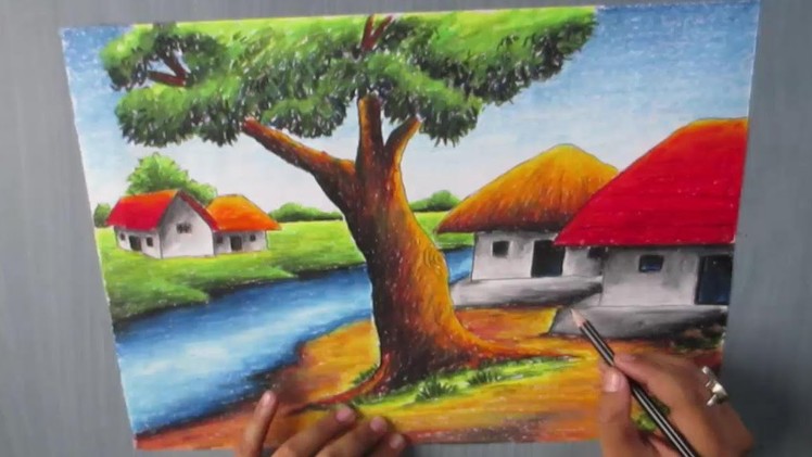How to Draw a Village landscape with Oil Pastel | Episode-16