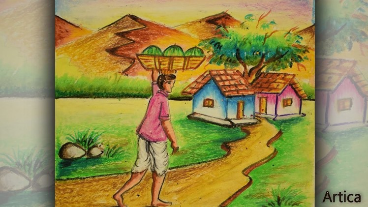 How to Draw a Village Landscape with Oil Pastel | Oil Pastel Painting