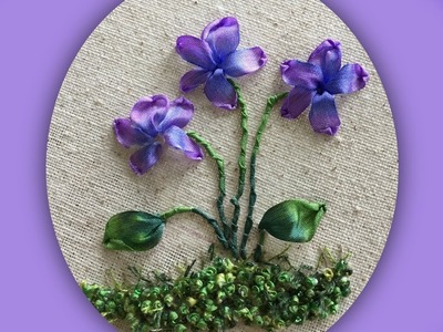 How to embroider a silk ribbon wild violet group