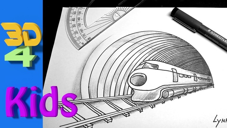 Very easy !  3D trick art drawing for kids  how to draw a Speeding TRAIN and Tunnel