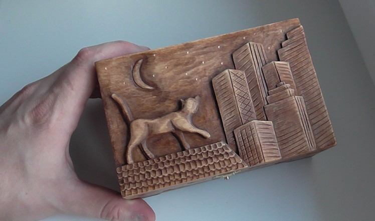 Wood carving | Carved jewelry box with cat on the roof | handmade art gift | DIY
