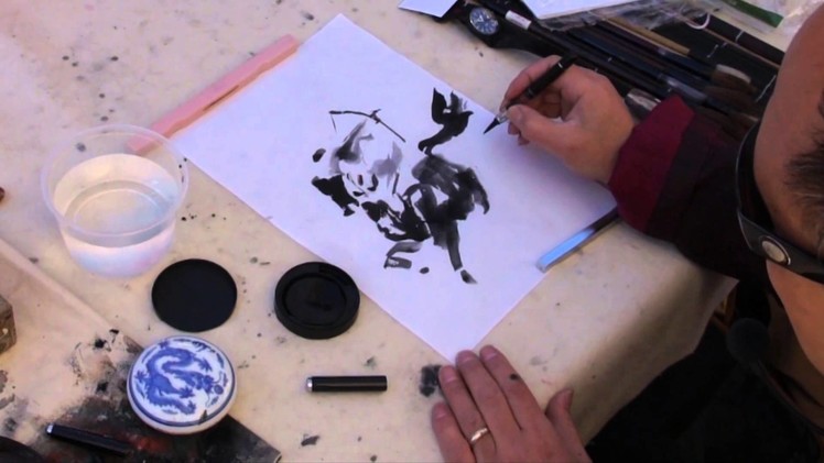 Henry Li Painting a Horse with Warrior in BHA Piston Water Brush and Ink Cake on Rice Paper