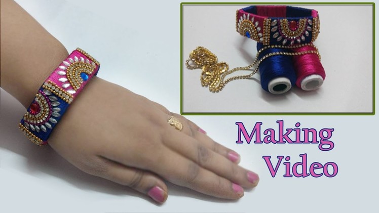 How to make designer half moon silk thread bangles | Pink and Blue silk thread bangles