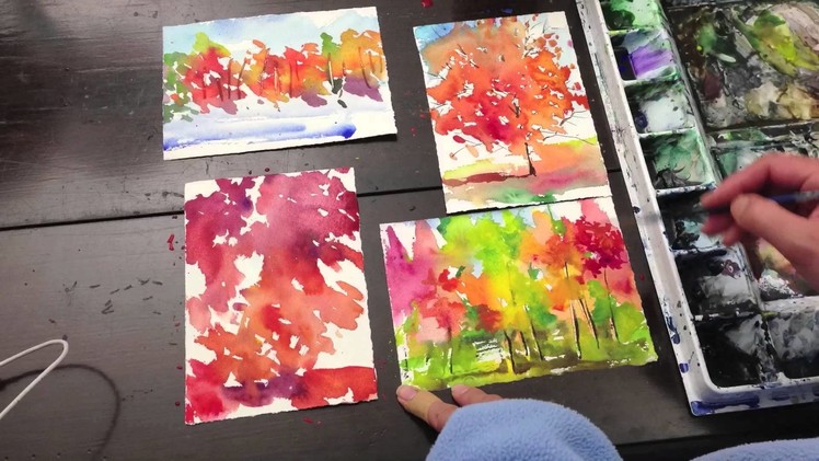 How to painting four seasons with watercolor on 5x7 inches postcard
