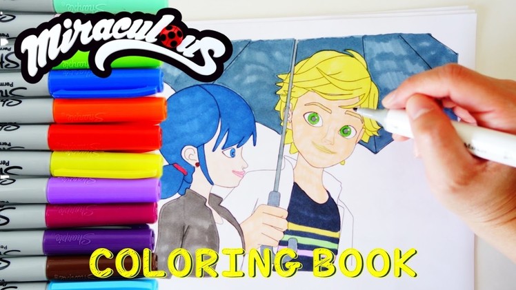 Miraculous Ladybug and Cat Noir Coloring Book Pages Marinette and Adrien Umbrella Scene Kids Art