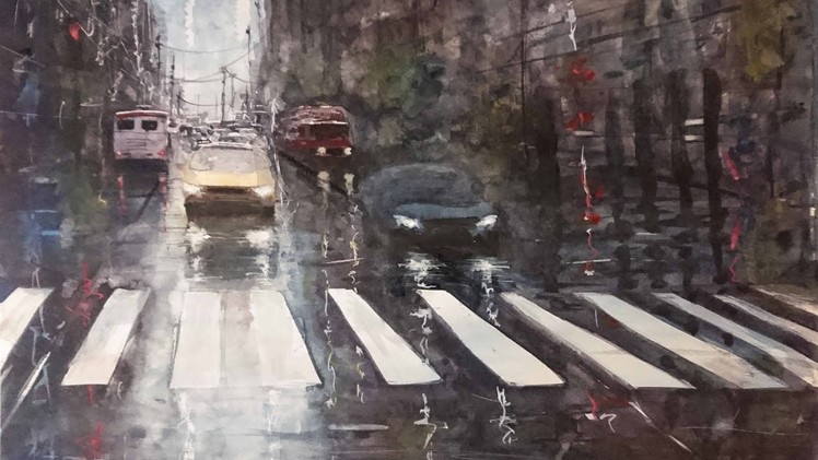 Rainy day - street scene in watercolor