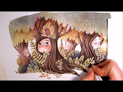 Watercolor Illustration "treepeople" with masking fluid and colored pencils by Iraville