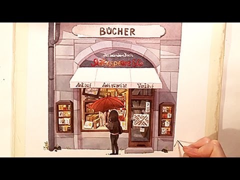 Watercolor Illustration "Bookstore" with colored pencils speed painting by Iraville