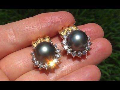 Estate Natural South Sea Black TAHITIAN Pearl Diamond Stud Earrings 18k Yellow Gold AAA - A141461