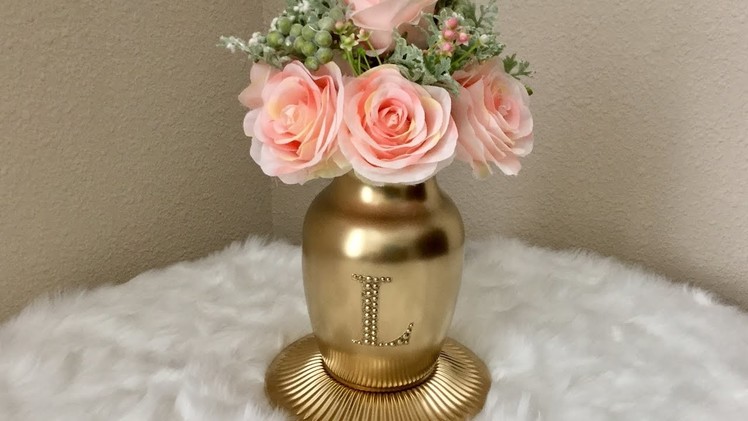 Gold Monogrammed Vase with scented artificial flowers (Dollar Tree, Michaels & Hobby Lobby)