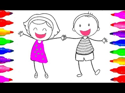 How to draw Boy and Girl Coloring Pages for kids Children Learning with Colored Markers