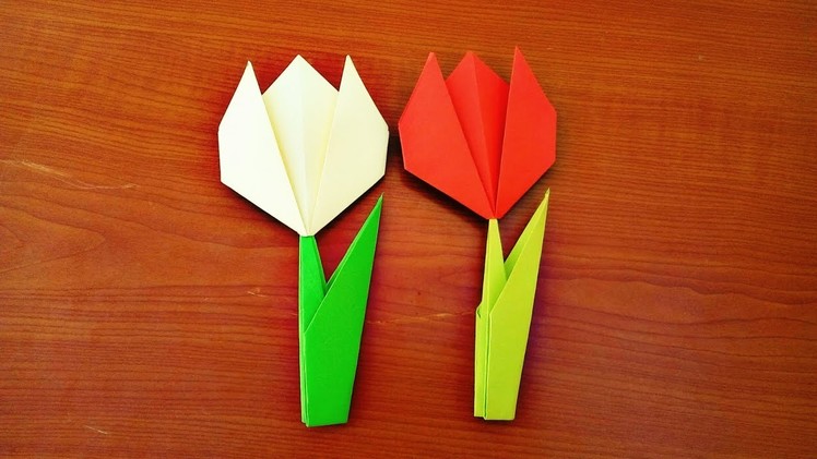 Make a paper Tulip Flower with Stem and Leaf-Easy Origami Instructions
