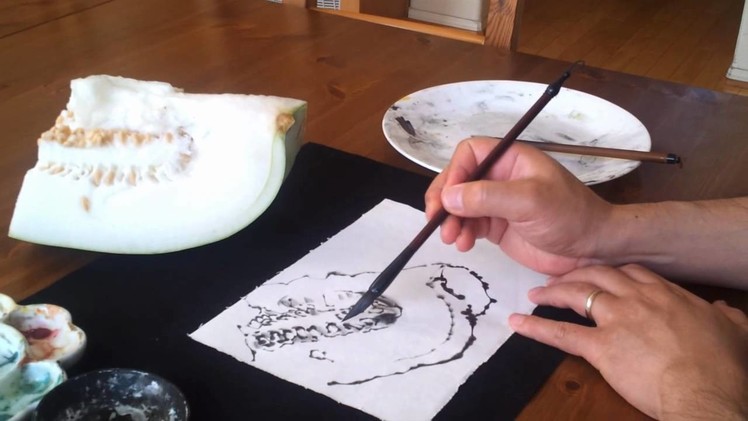Painting Winter Melon in Etegami Style on Semi-sized Xuan Rice Paper