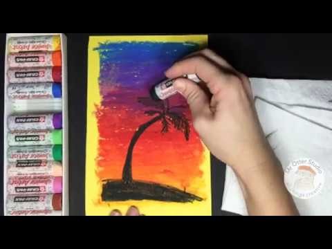 How to draw a Sunset with a Palm tree in Oil Pastel