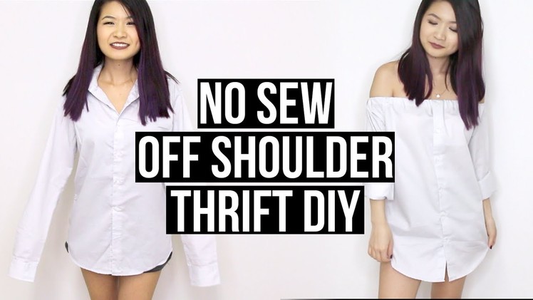 THRIFT DIY | NO SEW OFF SHOULDER DRESS W. MENS DRESS SHIRT | Eva Chung