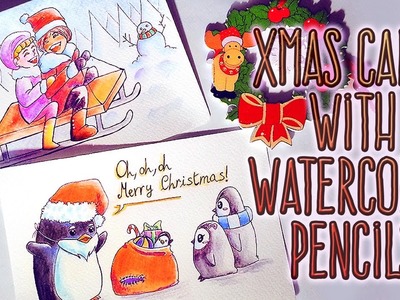 ???? How to draw CHRISTMAS KIDS ON SLED + SANTA PENGUIN with WATERCOLOR PENCILS {XMAS DRAWINGS SPECIAL}