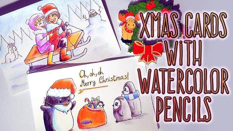 ???? How to draw CHRISTMAS KIDS ON SLED + SANTA PENGUIN with WATERCOLOR PENCILS {XMAS DRAWINGS SPECIAL}