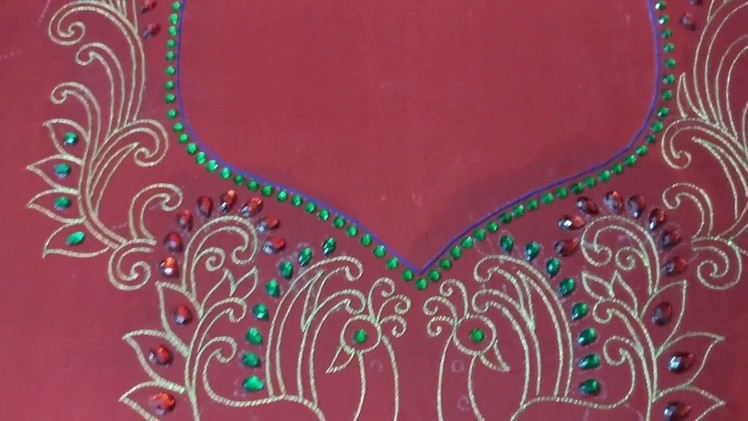 Peacock design blouse with Jeri and kundan Stone work