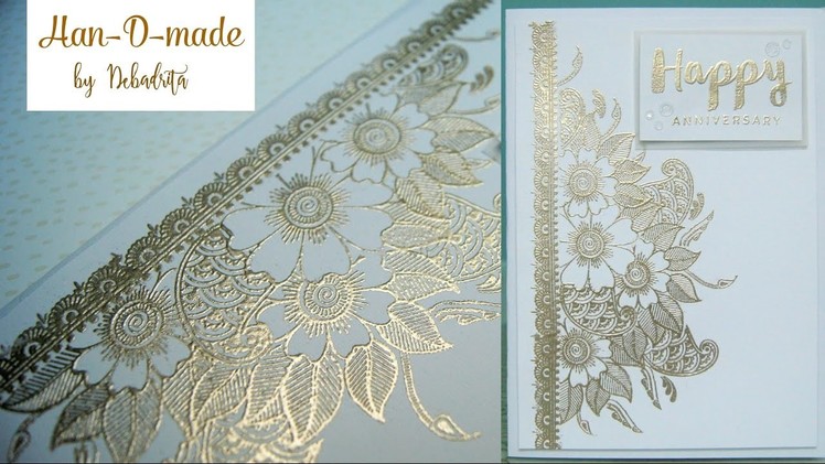 HANDMADE CARD with Mudra Stamps| HEAT EMBOSSING USING MASKING TECHNIQUE| HAN-D-MADE by Debadrita