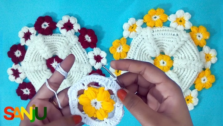 How to make crochet table mat with puff flower | crochet thali cover