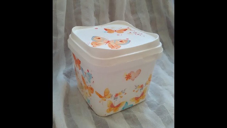 DIY Decoupage on plastic-step by step.How to recycle and create plastic ice cream box?