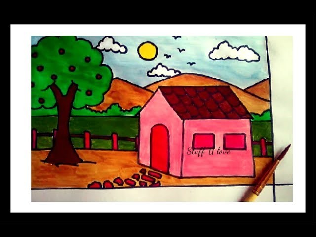 Easy house & scenery drawing step by step tutorial for kids
