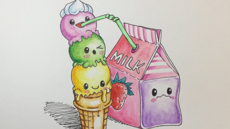 How To Draw Kawaii Milk And Ice Cream (Step by Step Easy)